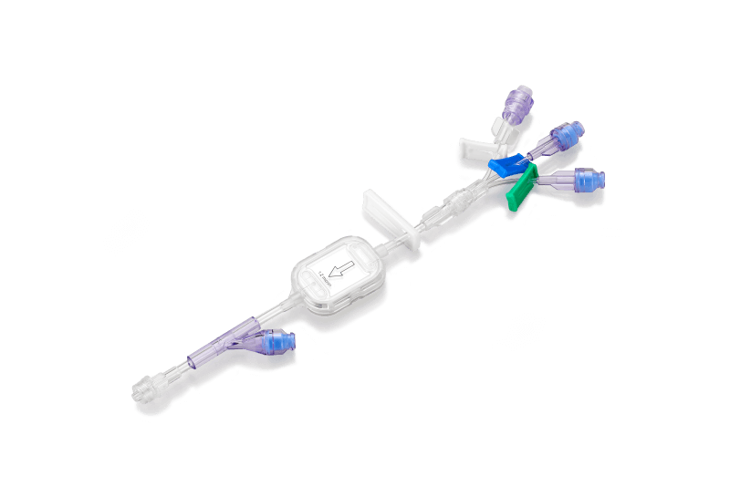multi-lumen IV extension set with color-coded clamps